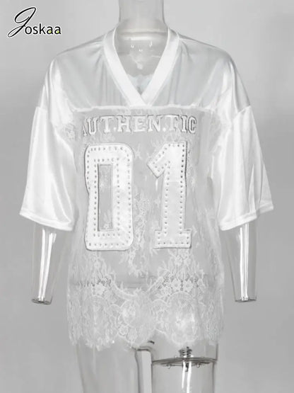 Women's Letter Print Lace Short Sleeve Top Black – Back View