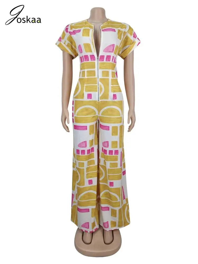 Women's Short Sleeve Flare Zip Wide Leg Romper Yellow – Side View