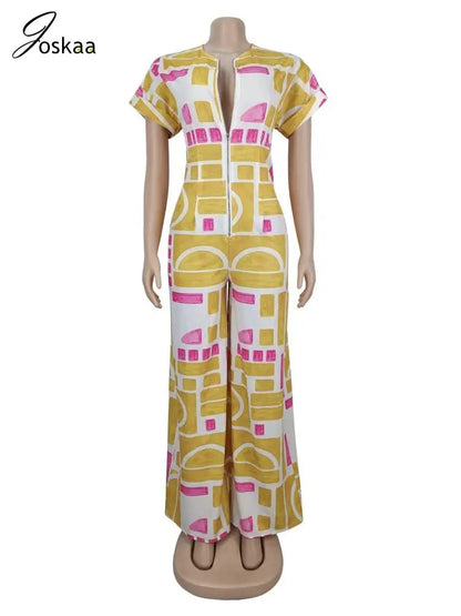 Women's Short Sleeve Flare Zip Wide Leg Romper Yellow – Side View