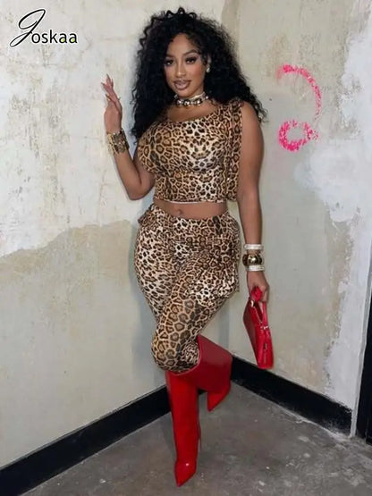 Women's Leopard Print Crop Two Piece Set Light Brown – Front View