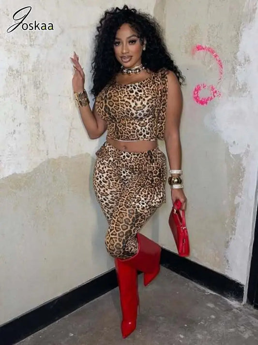 Women's Leopard Print Crop Two Piece Set Light Brown – Front View