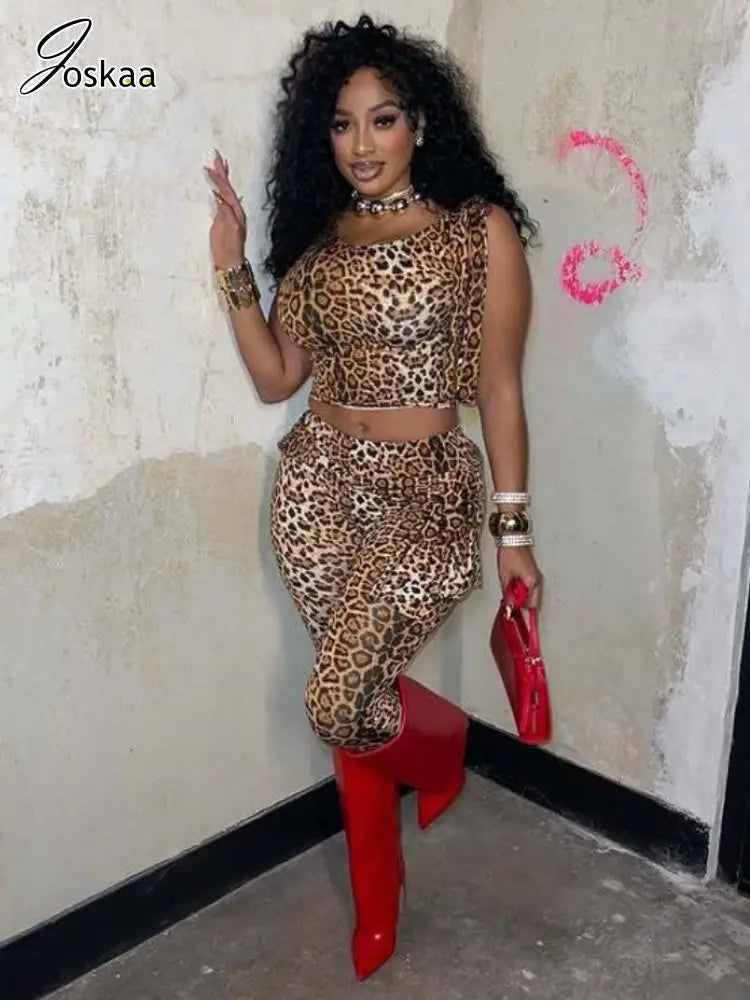 Women's Leopard Print Crop Two Piece Set Light Brown – Front View