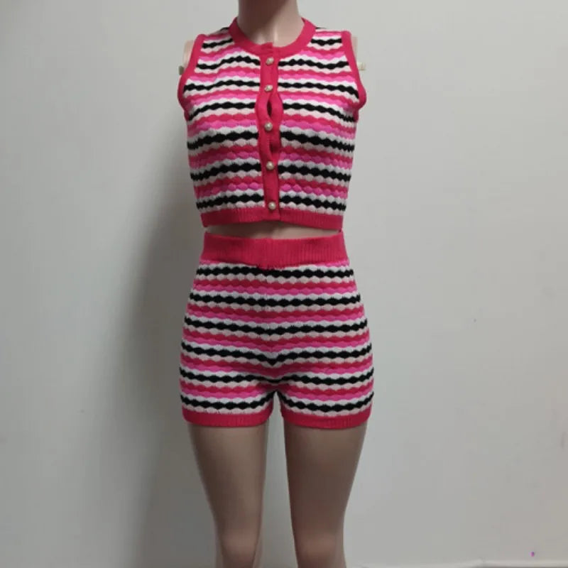 Women's Stripe Knit Sleeveless Two Piece Set