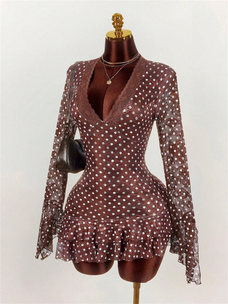 Joskaa Polka Dot Lace Long Sleeve Bodycon Mini Dress - mini dress image 3