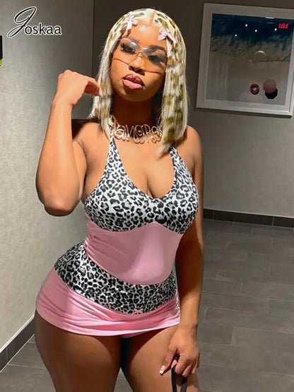 Women's Leopard Print Lace Ruched Mini Dress Pink – Front View