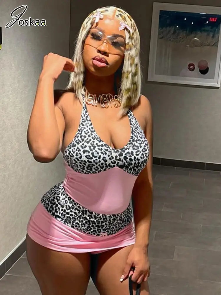 Women's Leopard Print Lace Ruched Mini Dress Pink – Front View