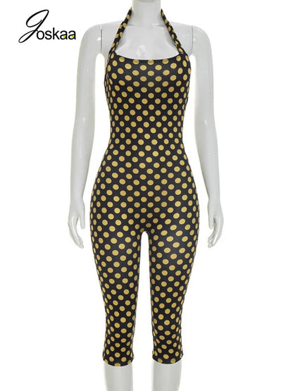 Women's Polka Dot Ruched Backless Romper Yellow – Back View