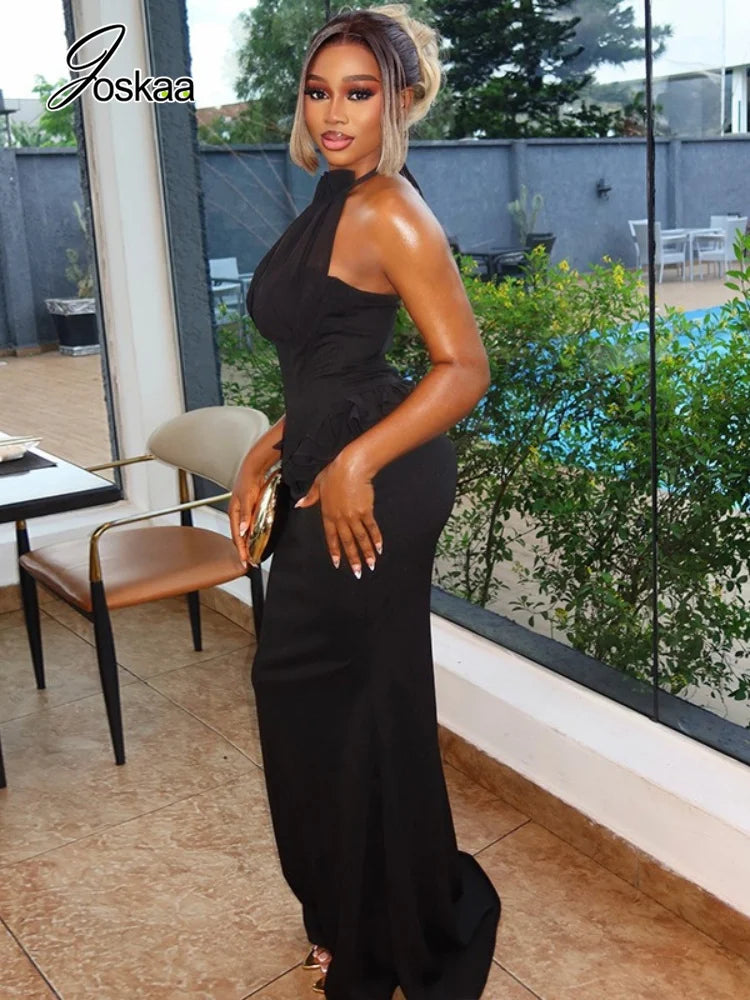 Women's Mesh Backless Halter Bodycon Maxi Dress - Side View