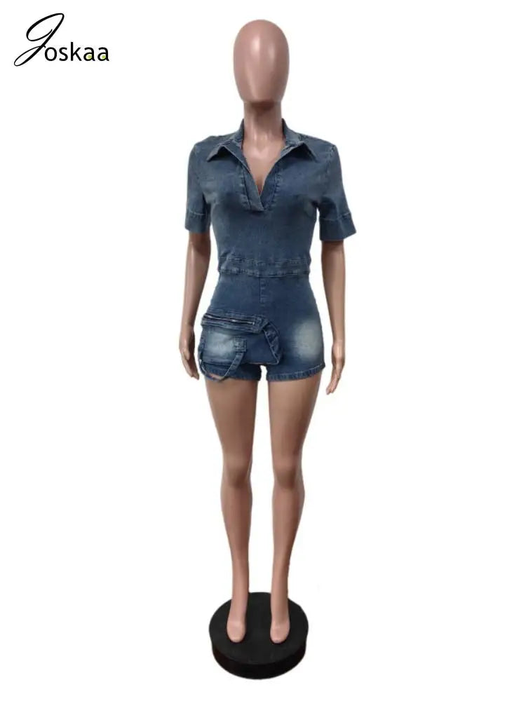 Women's Denim Short Sleeve Bodycon Romper Blue – Side View