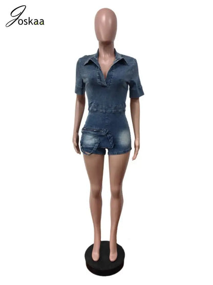Women's Denim Short Sleeve Bodycon Romper Blue – Side View
