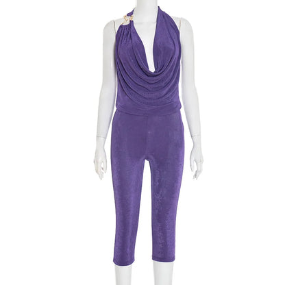 Women's Halter Crop Fall Cowl Neck Two Piece Set
