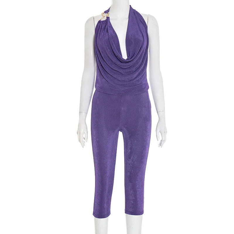 Women's Halter Crop Fall Cowl Neck Two Piece Set