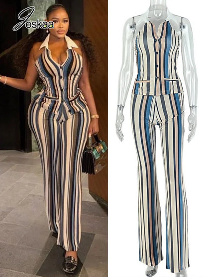 Women's Stripe Backless Halter Two Piece Set – Women's Fashion Wholesale – Front View