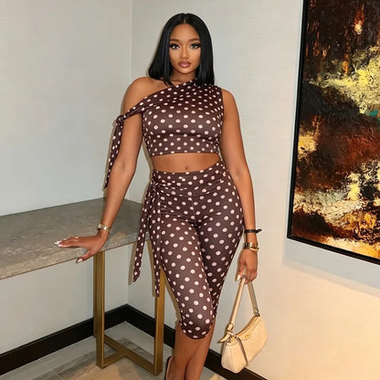 Women's Polka Dot One Shoulder High Waist Two Piece Set