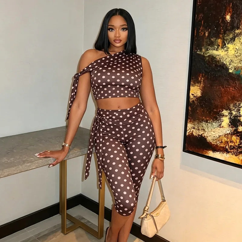 Women's Polka Dot One Shoulder High Waist Two Piece Set