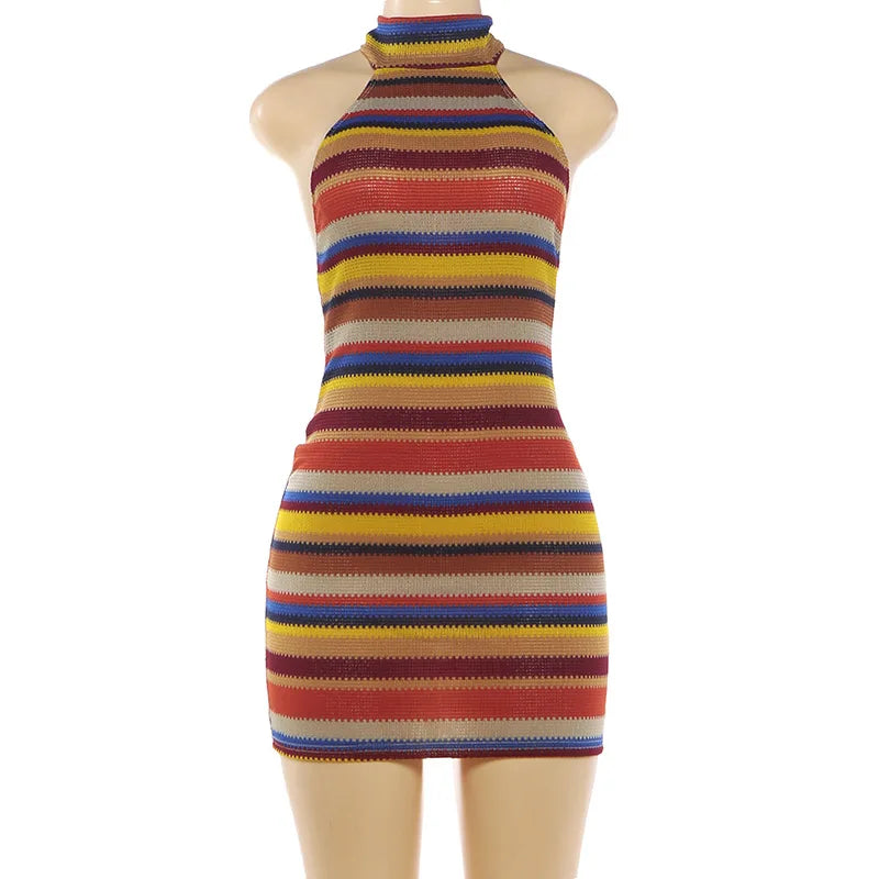 Women's Striped Ribbed Knit Halter Sleeveless Mini Dress - Additional View 9