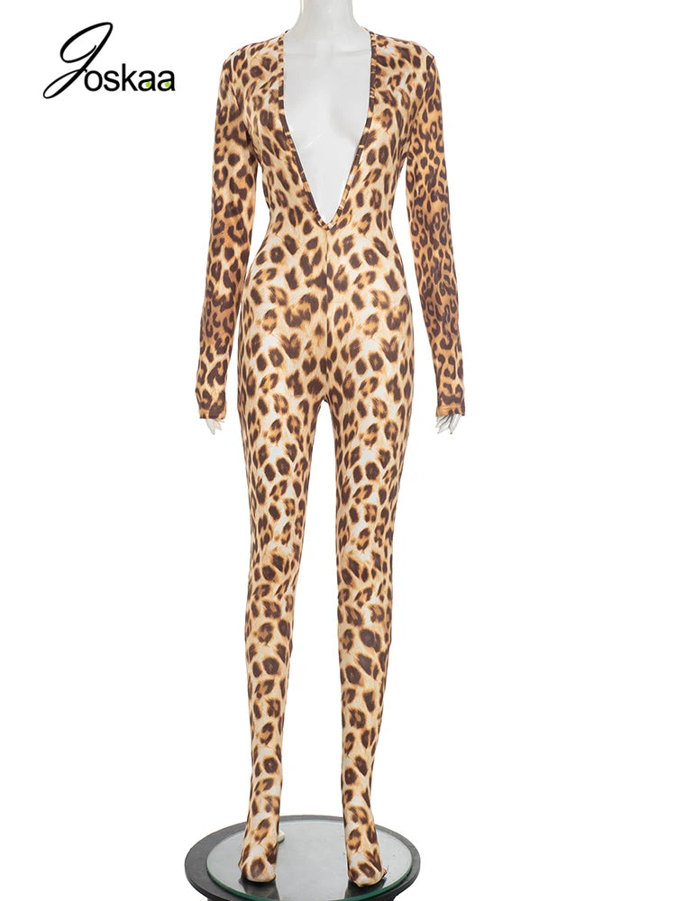 Women's Leopard Print Backless Long Sleeve Romper Leopard Print – Back View