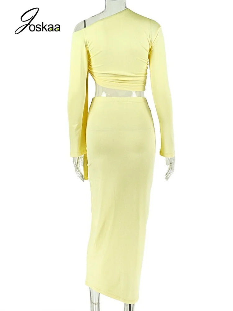 Women's Ruched Long Sleeve Maxi Two Piece Set Yellow – Detail View