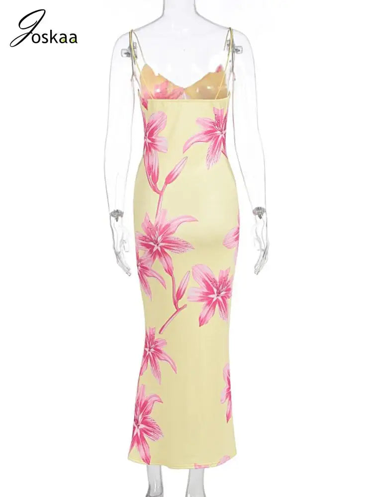 Women's Floral Print Sleeveless Bodycon Maxi Dress Colorful – Detail View