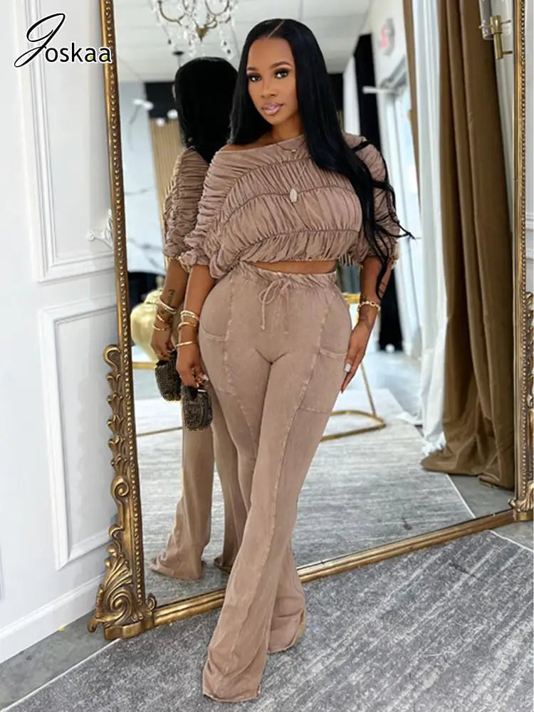 Women's Ruched Long Sleeve Crop Two Piece Set – Women's Fashion Wholesale – Front View