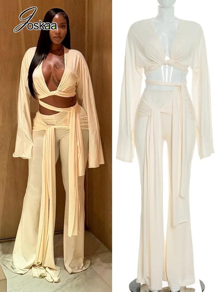 Women's Ruched V-neck Long Sleeve High Waist Two Piece Set - Women's Fashion Wholesale - Front View