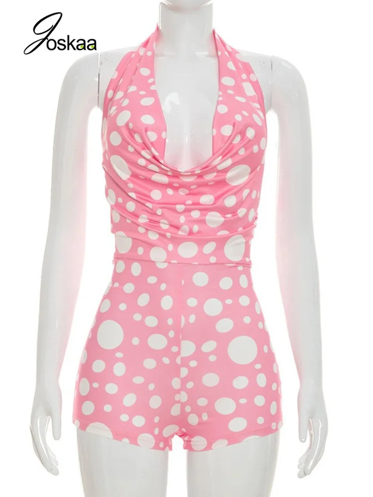 Women's Polka Dot Backless Halter Romper Black – Back View
