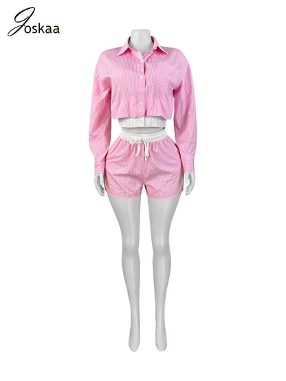 Women's Stripe Long Sleeve Two Piece Set Pink – Back View