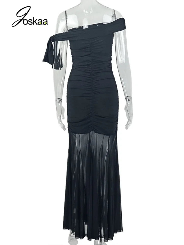 Women's Mesh Sleeveless Bodycon Maxi Dress Black – Detail View
