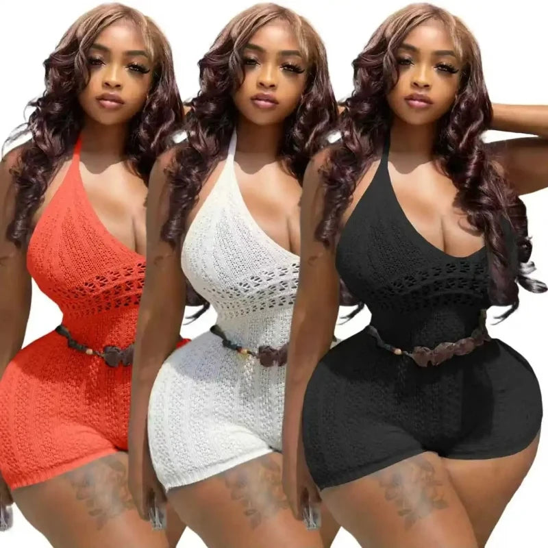 Women's Ribbed Knit Backless V-neck Halter Romper - Back View