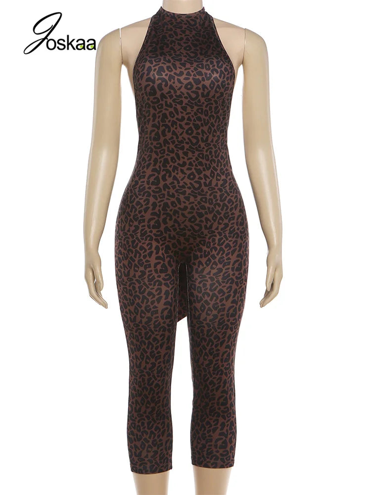 Women's Leopard Print Backless Halter Sleeveless Romper - Back View