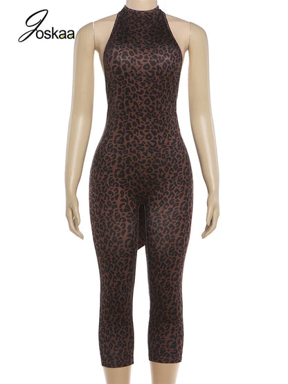 Women's Leopard Print Backless Halter Sleeveless Romper - Back View