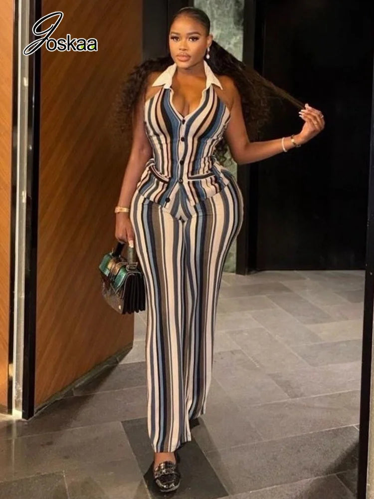 Women's Stripe Backless Halter Two Piece Set Striped – Side View