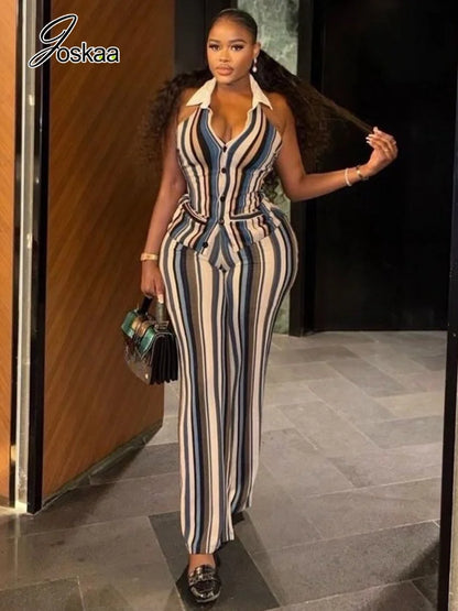 Women's Stripe Backless Halter Two Piece Set Striped – Side View