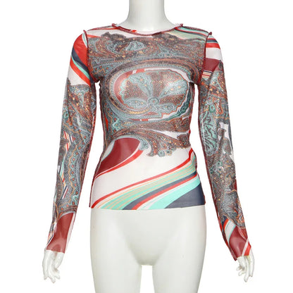 Women's Mesh Long Sleeve Abstract T-shirts Top