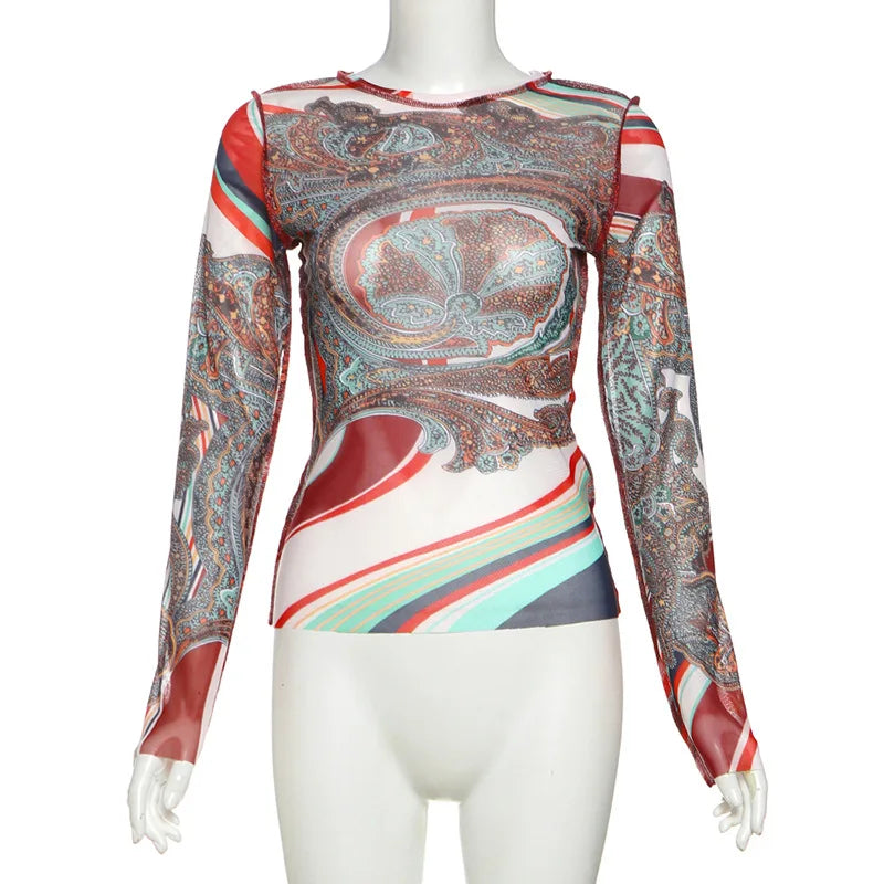 Women's Mesh Long Sleeve Abstract T-shirts Top