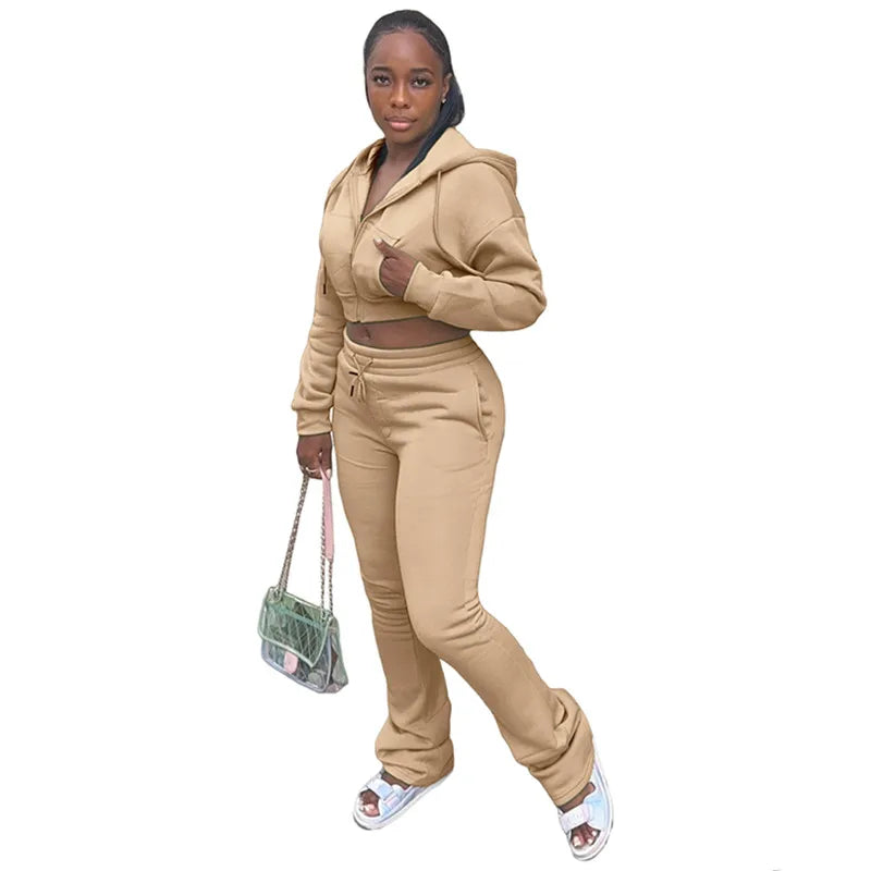 Wholesale Women's Crop Zip Hooded Two Piece Set