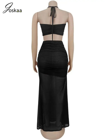Women's Ruched Halter Crop Two Piece Set Green – Detail View