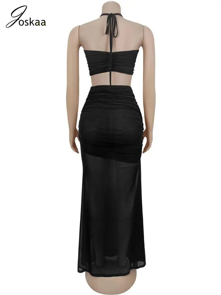 Women's Ruched Halter Crop Two Piece Set Green – Detail View