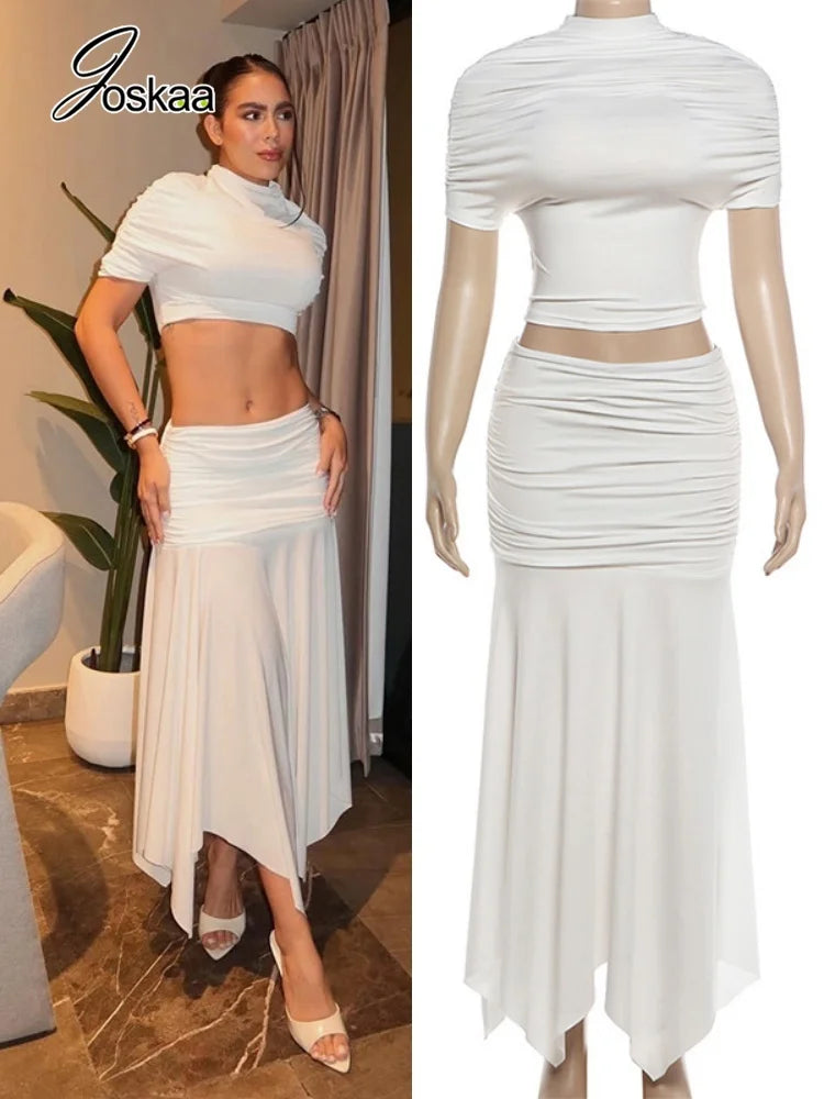 Women's Ruched Short Sleeve Crop Two Piece Set – Women's Fashion Wholesale – Front View