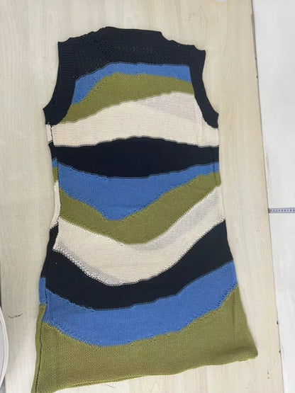 Women's Stripe Knit Sleeveless Mini Dress Patchwork – Detail View