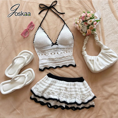 Women's Knit Halter Crop Mini Two Piece Set White – Side View