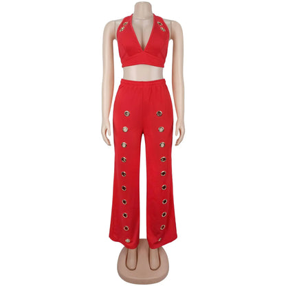 Women's Backless Halter Crop Two Piece Set