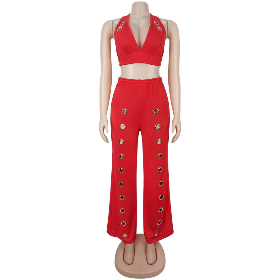 Women's Backless Halter Crop Two Piece Set