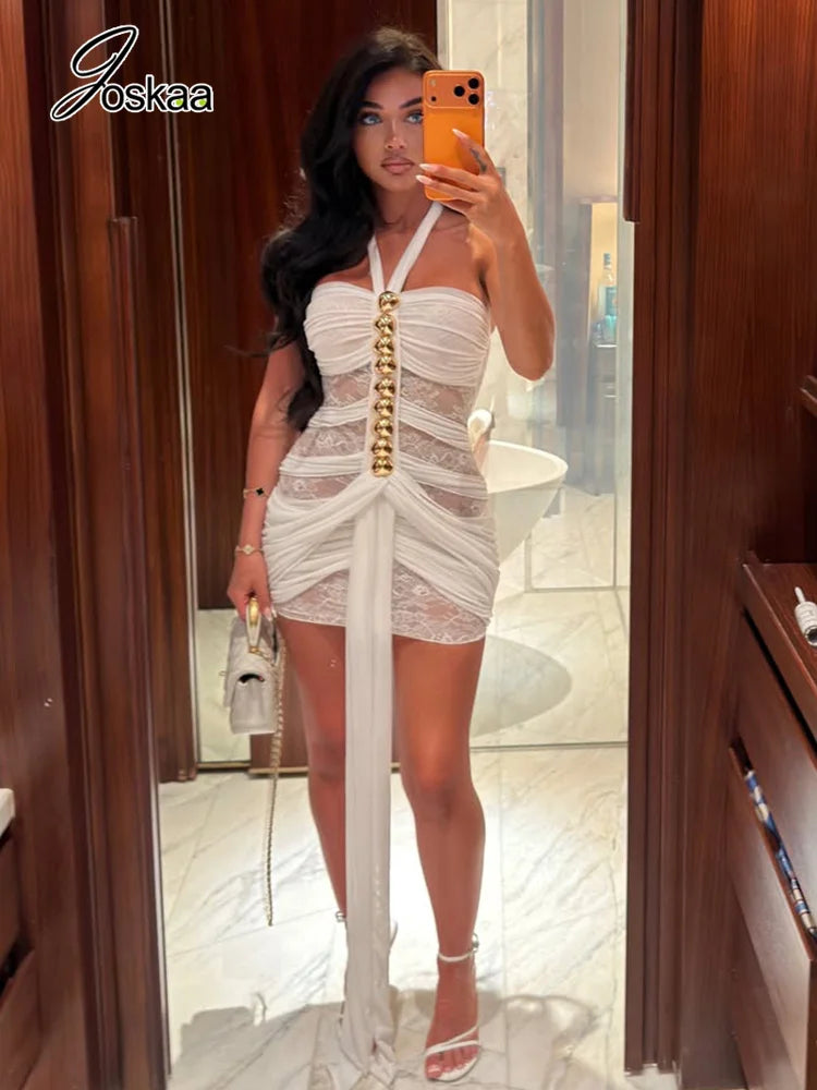 Women's Mesh Lace Ruched Backless Mini Dress - Front View
