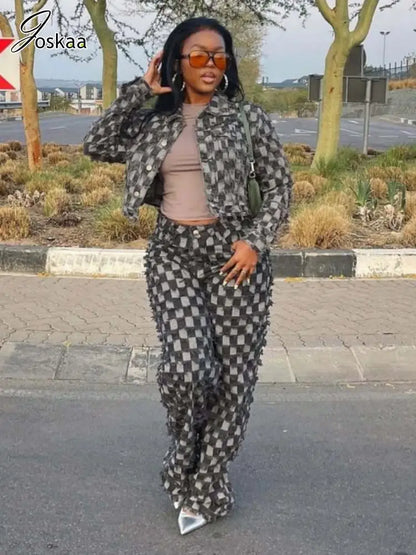 Women's Denim Long Sleeve Flare Two Piece Set – Women's Fashion Wholesale – Front View