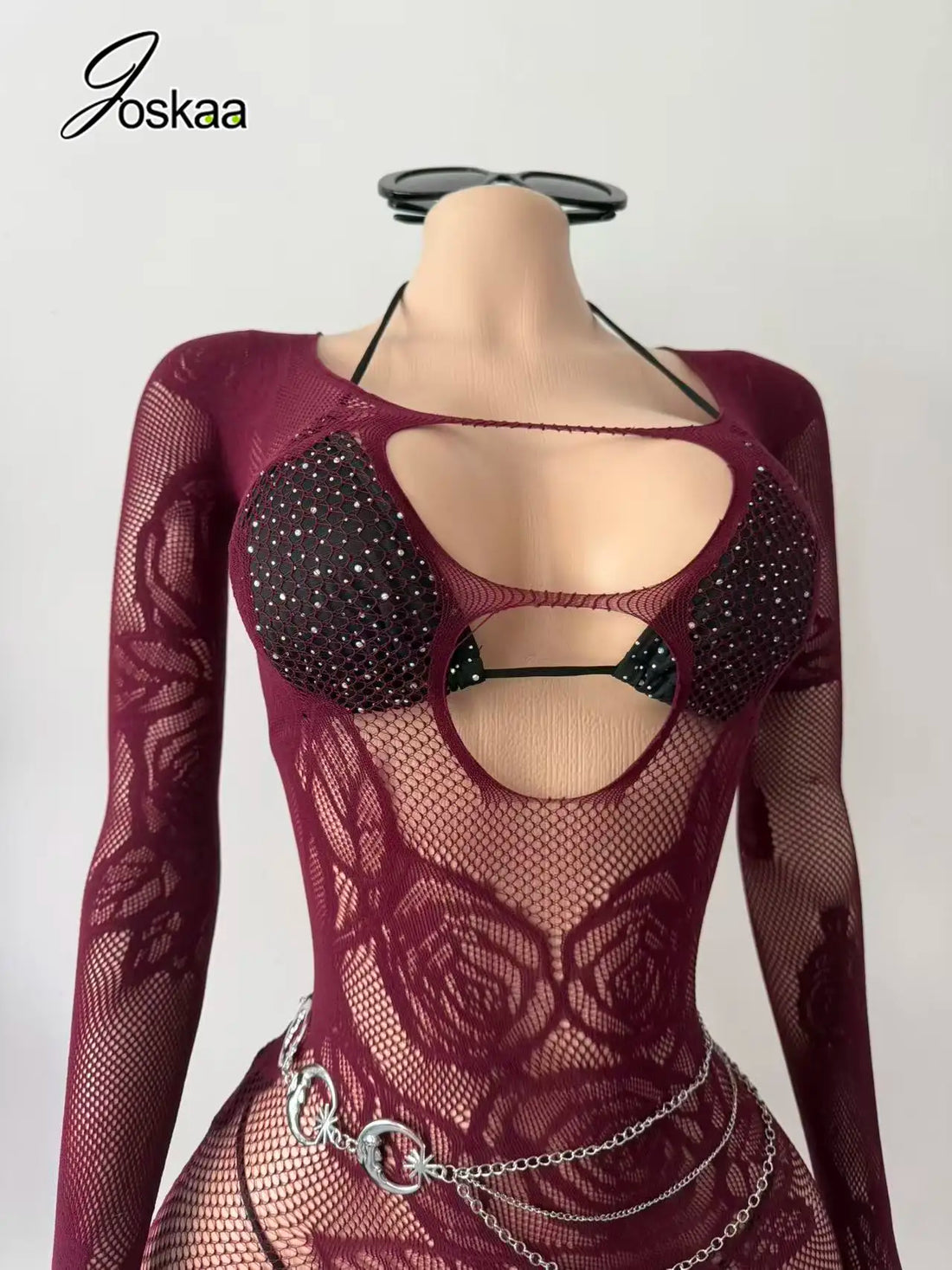 Women's Mesh Knit Cutout Long Sleeve Mini Dress Maroon – Front View