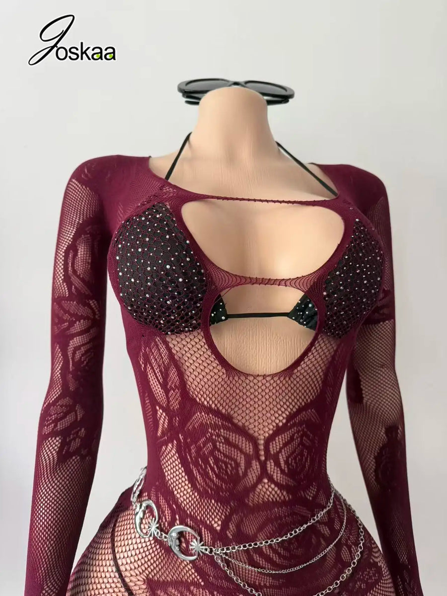 Women's Mesh Knit Cutout Long Sleeve Mini Dress Maroon – Front View
