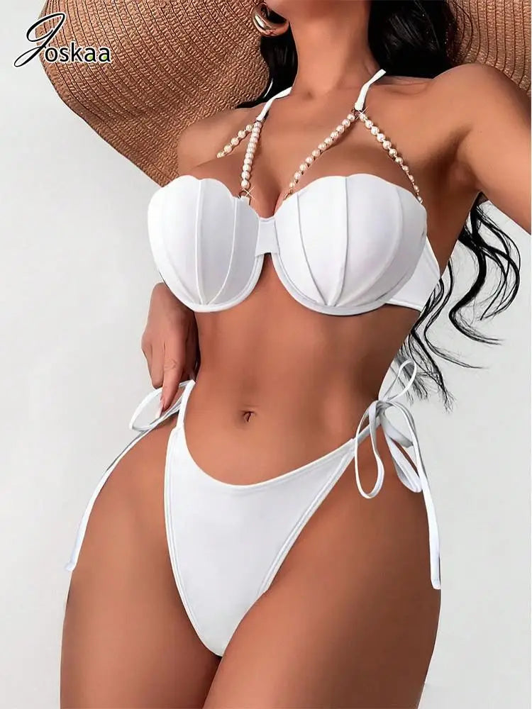 Women's Lace Swimwear Solid Chain Bikini Set White – Side View