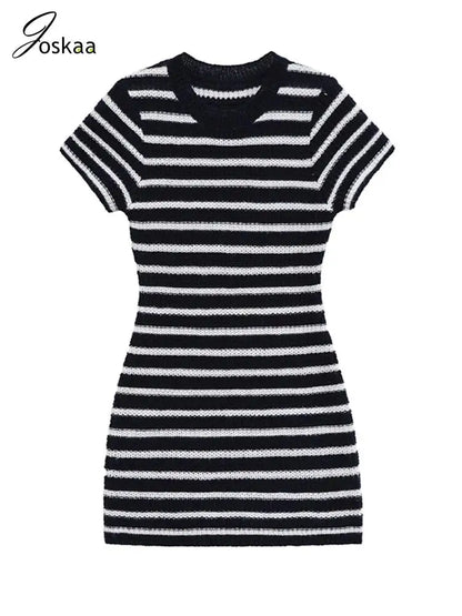 Women's Stripe Knit Short Sleeve Mini Dress Black White Stripe – Side View