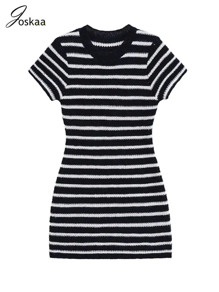 Women's Stripe Knit Short Sleeve Mini Dress Black White Stripe – Side View